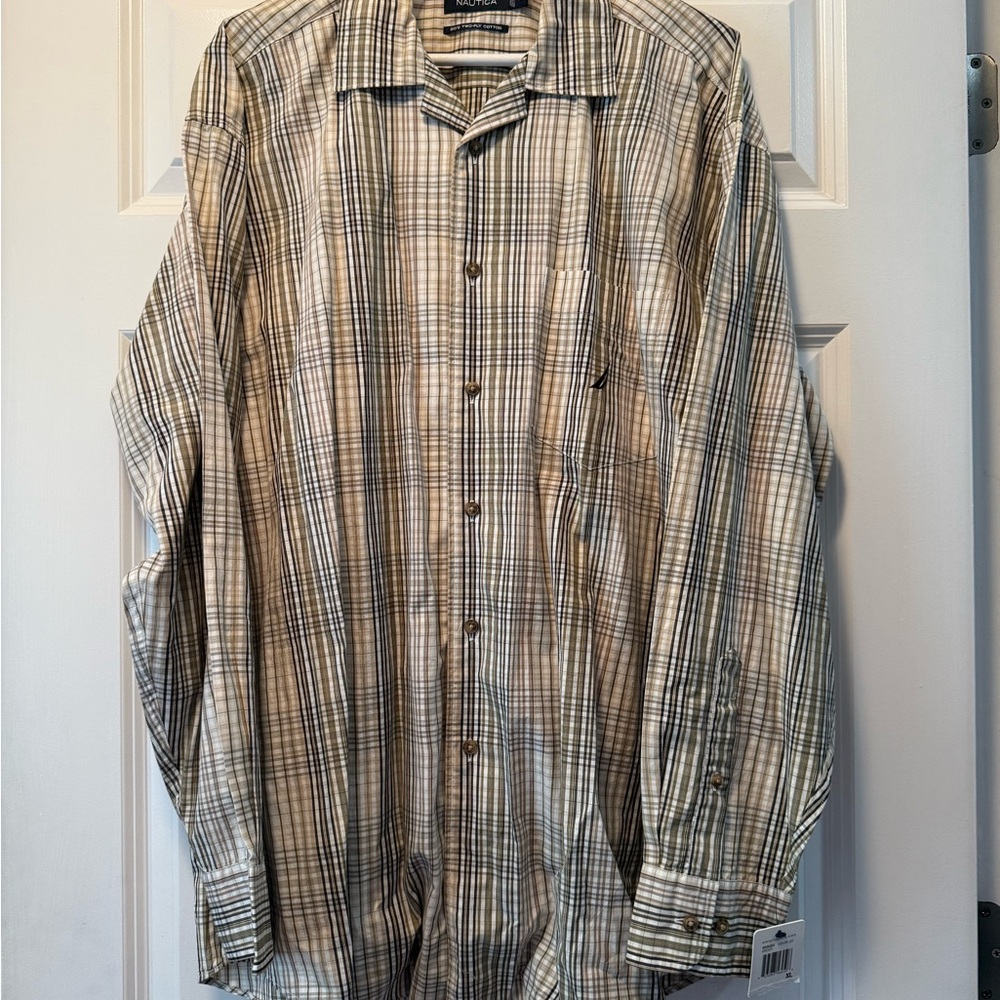 Nautica Cream and Brown Casual Button Down Shirt